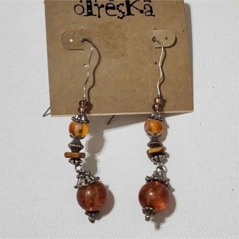 Treska Beaded Drop Earrings Amber Rust Silver Tone Boho Artisanal Dangle New